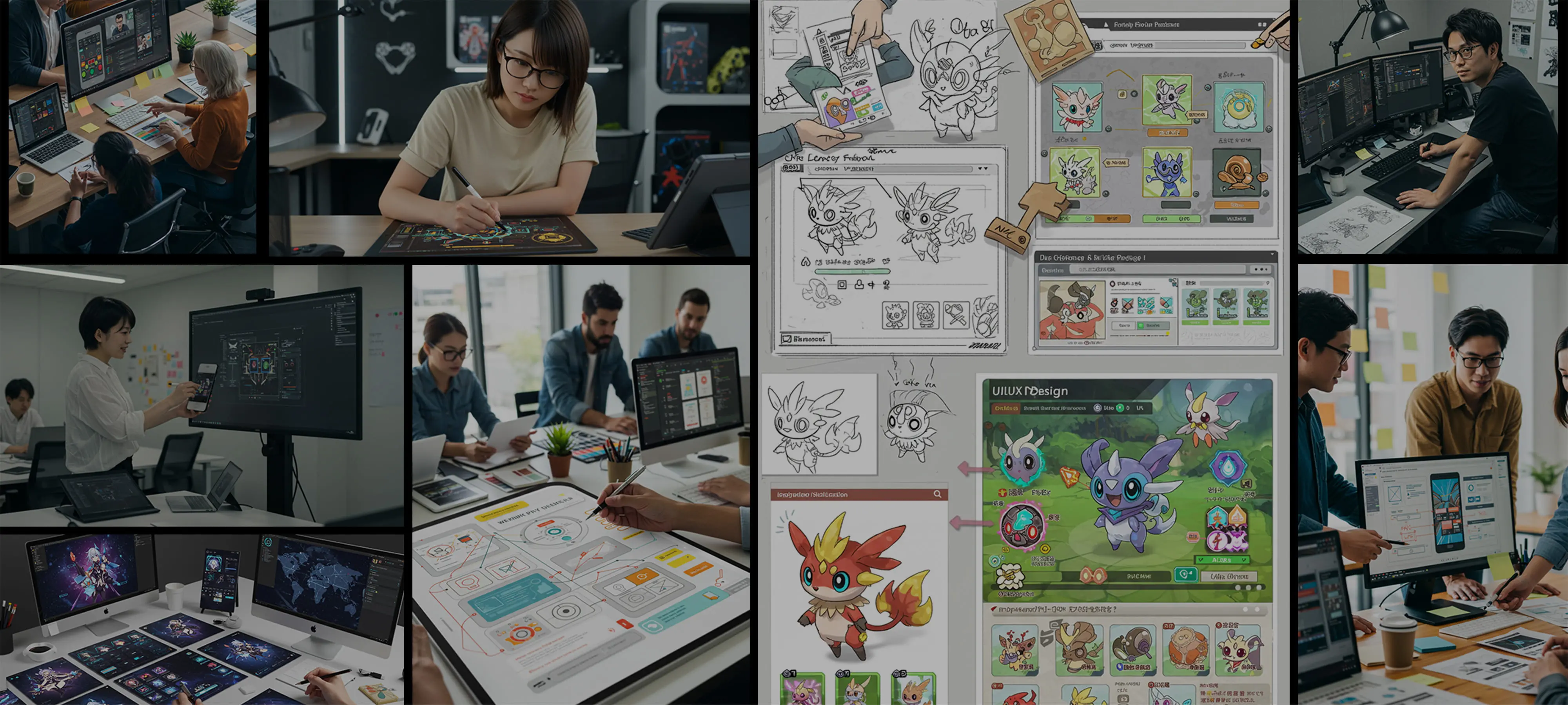 コンセプトやUI設計の作業風景とUIイメージ