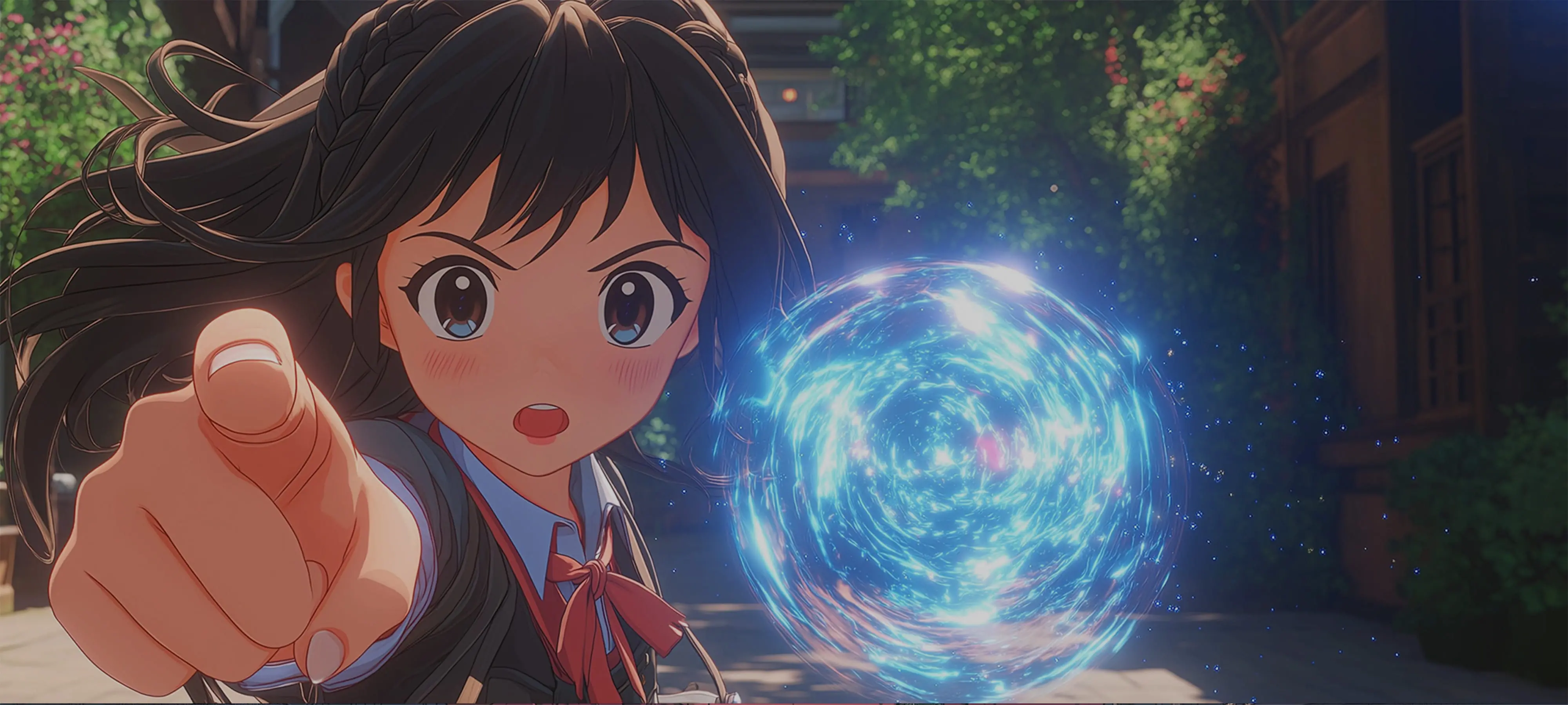 制服姿の少女が正面から指を突きつけ、青いエネルギー球が隣に浮かんでいる