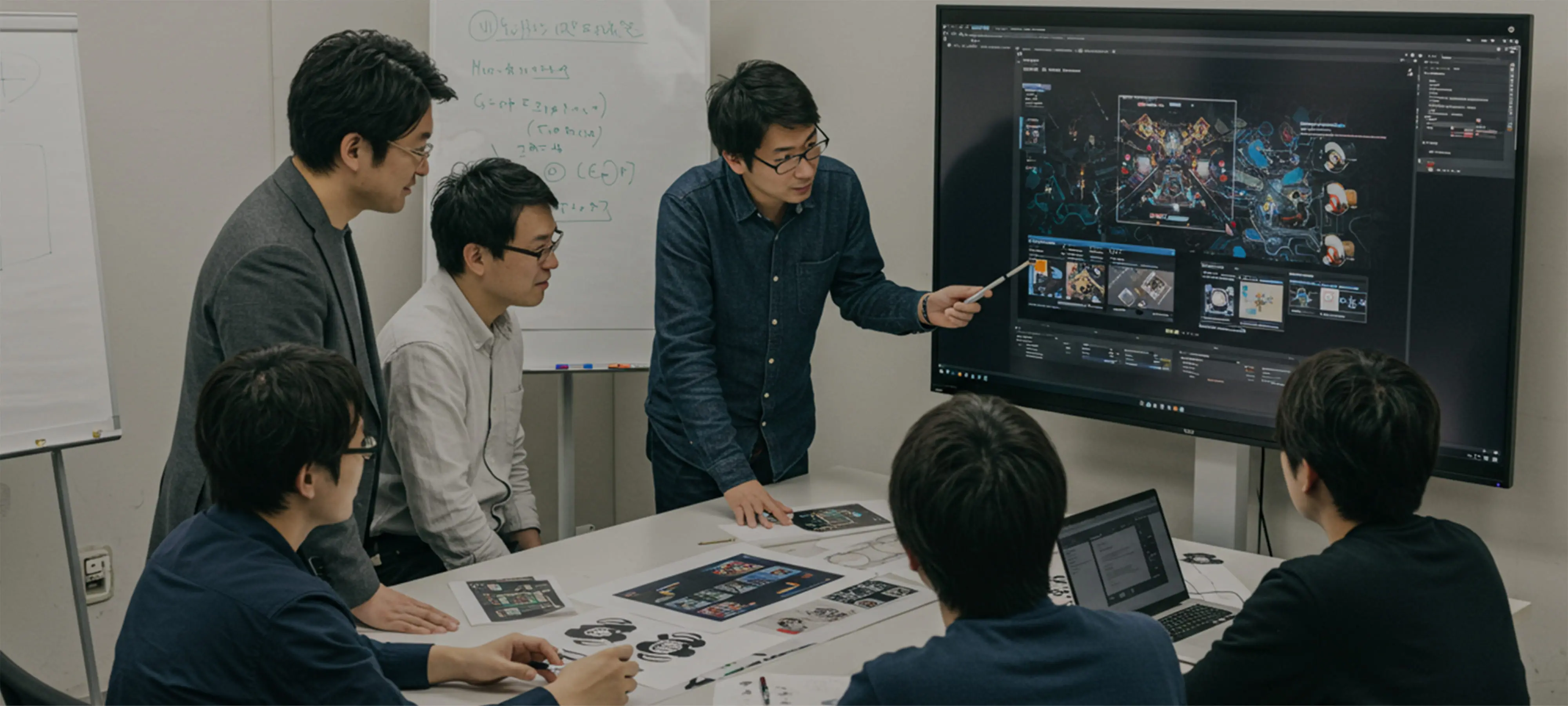 大画面モニターにデザインを表示しながら、会議を行っている