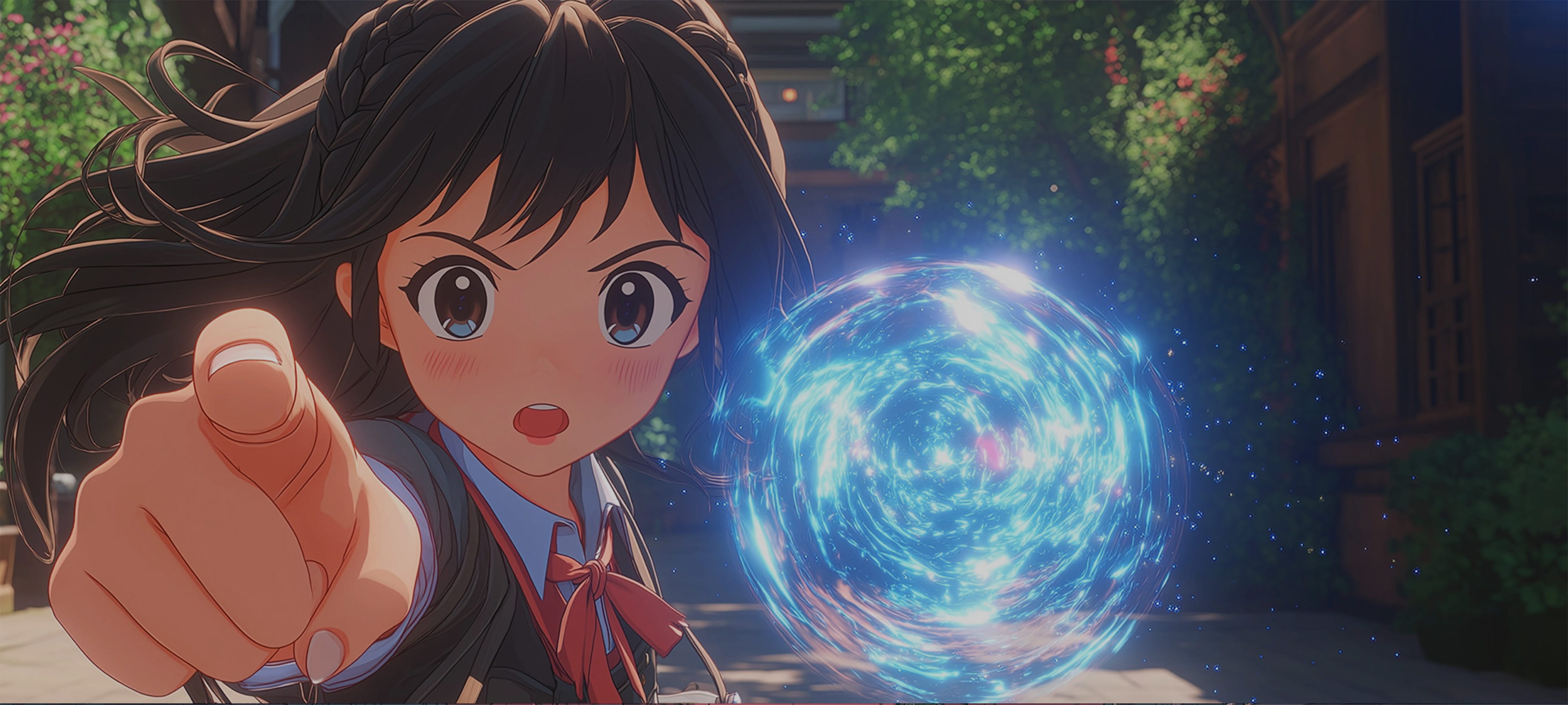 制服姿の少女が正面から指を突きつけ、青いエネルギー球が隣に浮かんでいる