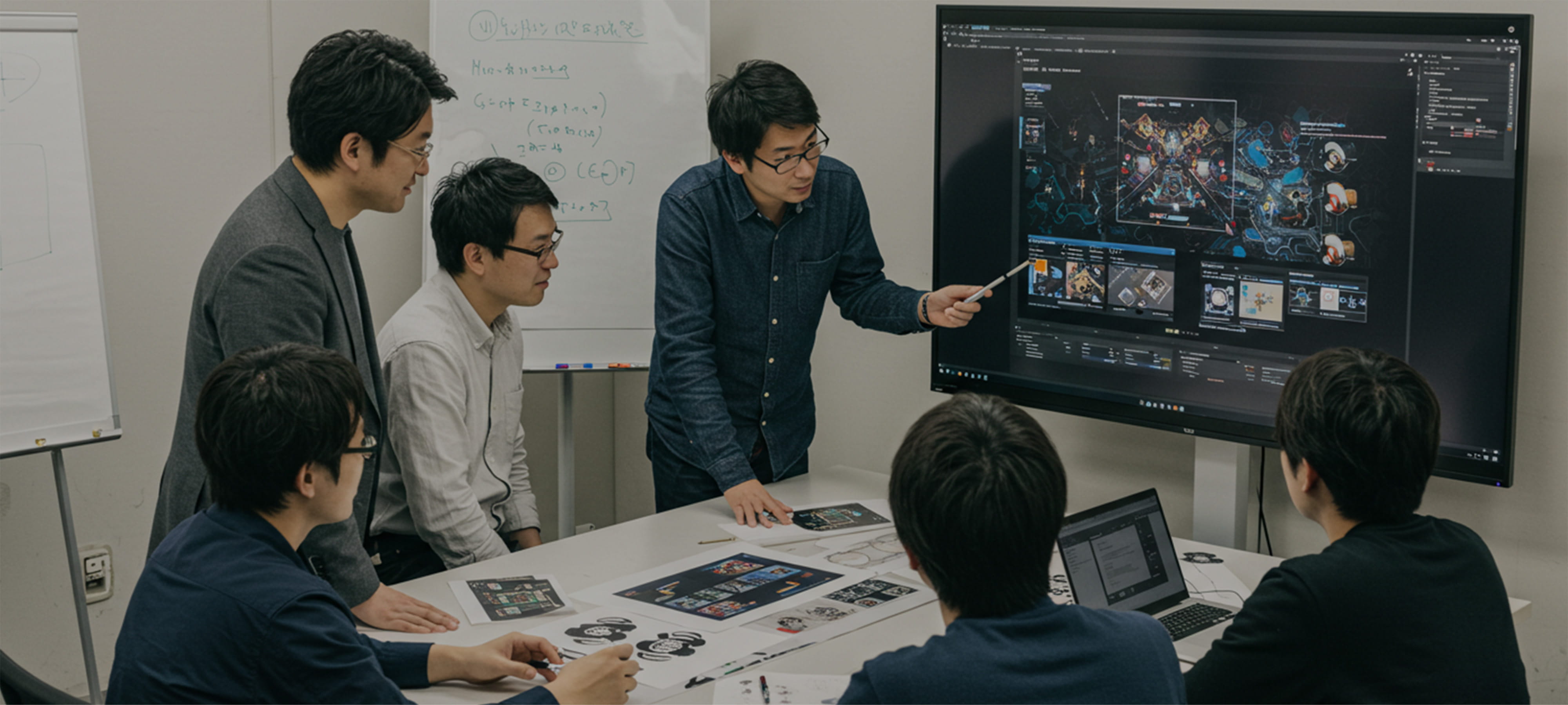 大画面モニターにデザインを表示しながら、会議を行っている